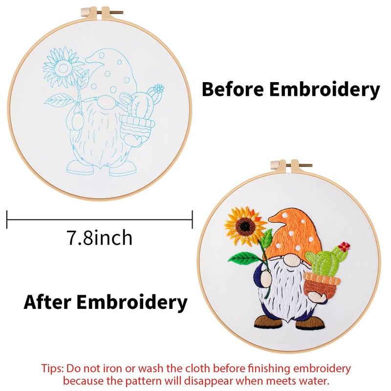 Nuberlic Sunflower Embroidery Kit for Beginners, Full Set of Stamped Gnome Cross Stitch Kit for Adults Including Threads, Hoops and Instruction - Image 3