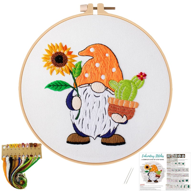 Nuberlic Sunflower Embroidery Kit for Beginners, Full Set of Stamped Gnome Cross Stitch Kit for Adults Including Threads, Hoops and Instruction - Image 1