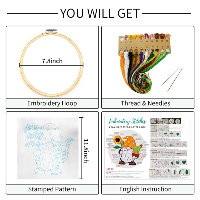 Nuberlic Sunflower Embroidery Kit for Beginners, Full Set of Stamped Gnome Cross Stitch Kit for Adults Including Threads, Hoops and Instruction - Image 2