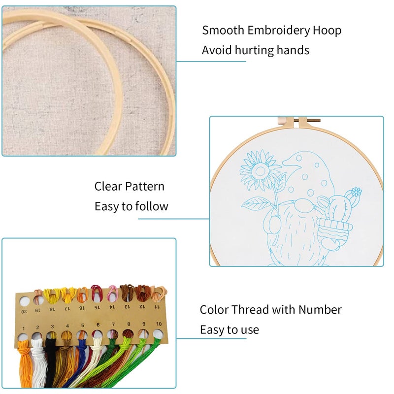 Nuberlic Sunflower Embroidery Kit for Beginners, Full Set of Stamped Gnome Cross Stitch Kit for Adults Including Threads, Hoops and Instruction - Image 4