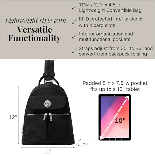 Baggallini Naples Convertible Backpack - Travel Sling Crossbody - 12" Nylon Handbag w/ RFID & Padded Tablet Sleeve - Image 4