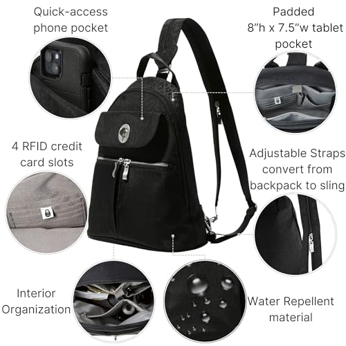 Baggallini Naples Convertible Backpack - Travel Sling Crossbody - 12" Nylon Handbag w/ RFID & Padded Tablet Sleeve - Image 3