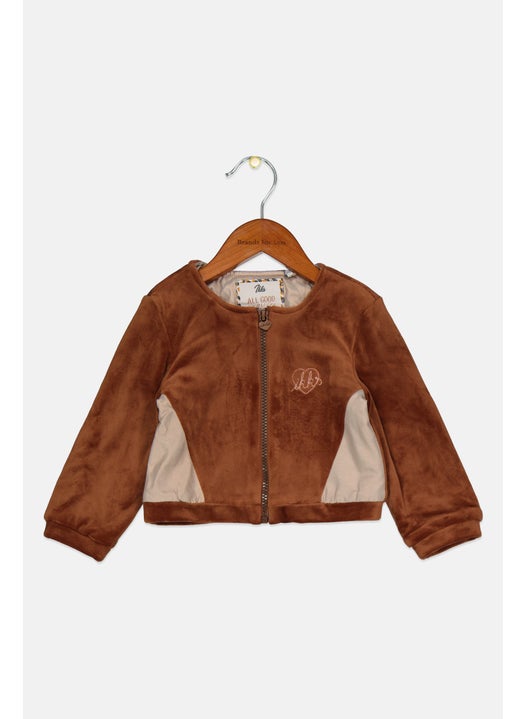 Toddlers Girl Round Neck Brand Logo Long Sleeve Full Zip Jacket, Brown