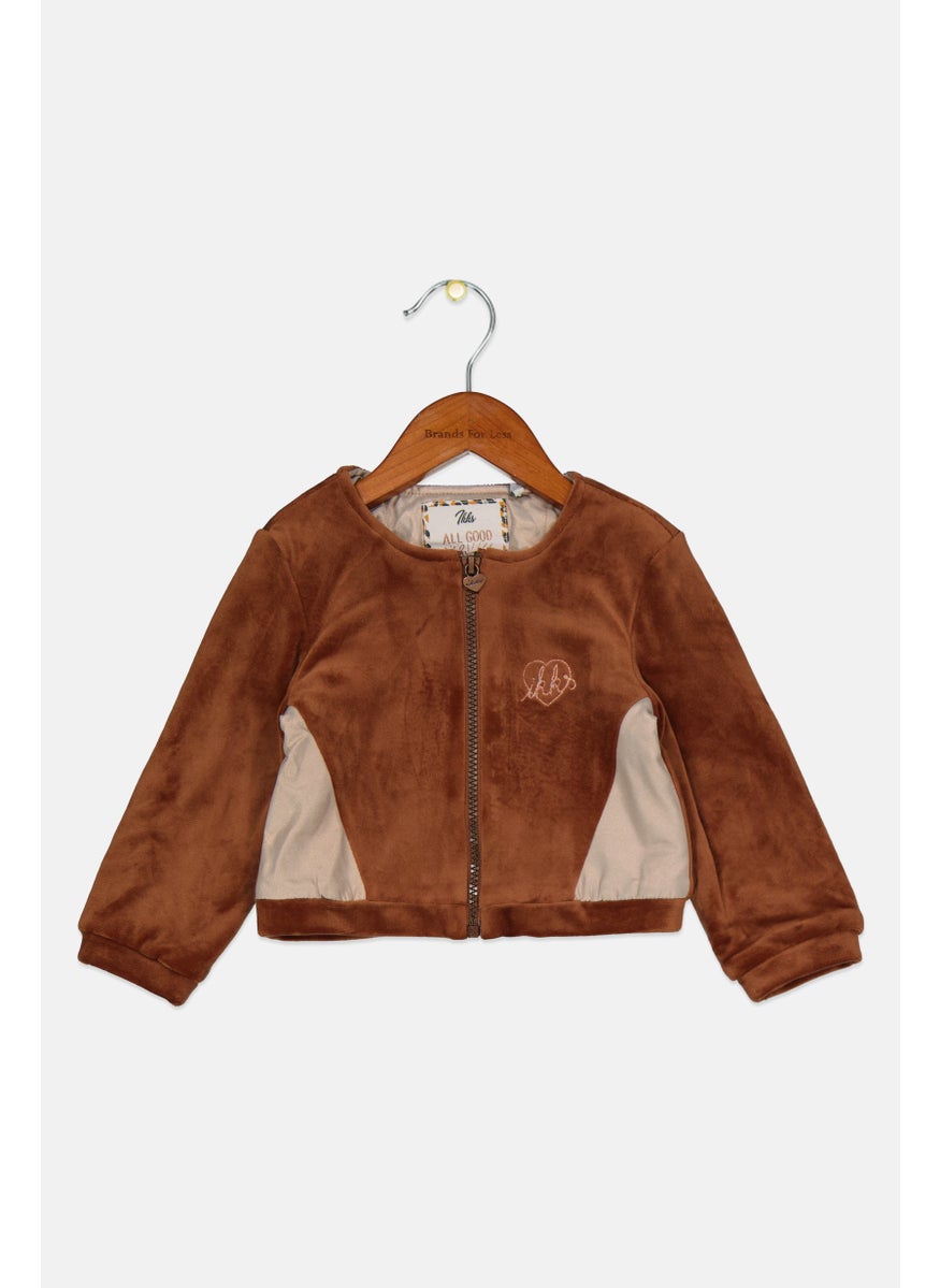 IKKS - Toddlers Girl Round Neck Brand Logo Long Sleeve Full Zip Jacket, Brown - Image 1
