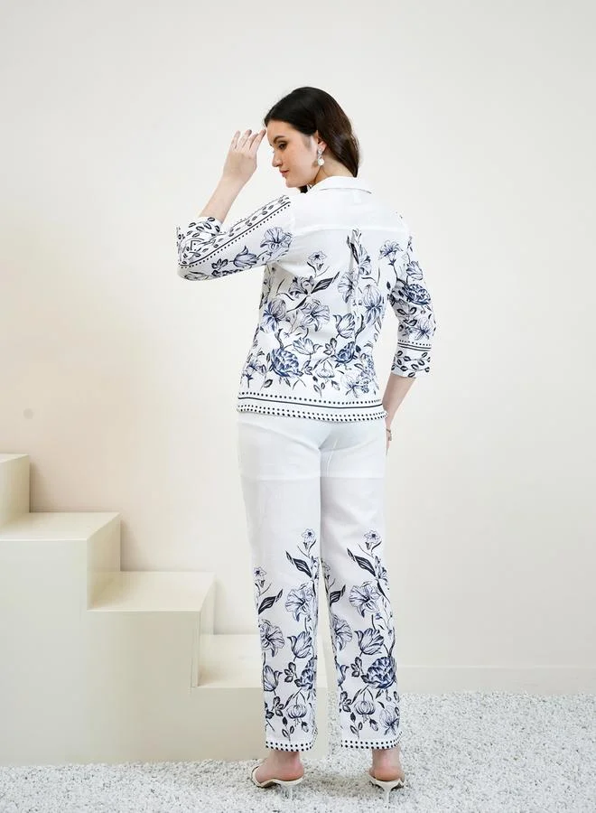 Athena White Floral Print Shirt and Trousers Co-ords