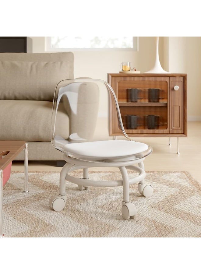 Bukela Acrylic Stool with Wheels,Pulley Stool and Backrest Heavy-Duty Pulley Wheels 360°Swivel Ergonomic with PU seat Cushion with Durable Cushioned Design for Home Garage Library(White) - Image 1