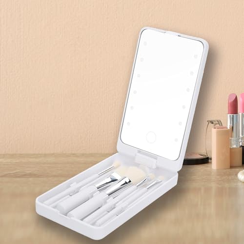 Prime Pick Glow Pro Vanity Mirror 2 in 1 Rotatable Makeup Mirror LED Light Dimmable Touch Control with 5 Makeup Brushes Portable Travel Beauty Mirror for Women White - Image 1