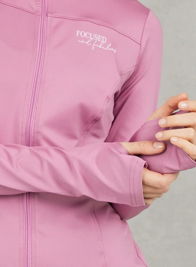 Styli Slogan Print Thumbhole Zip Closure Jacket