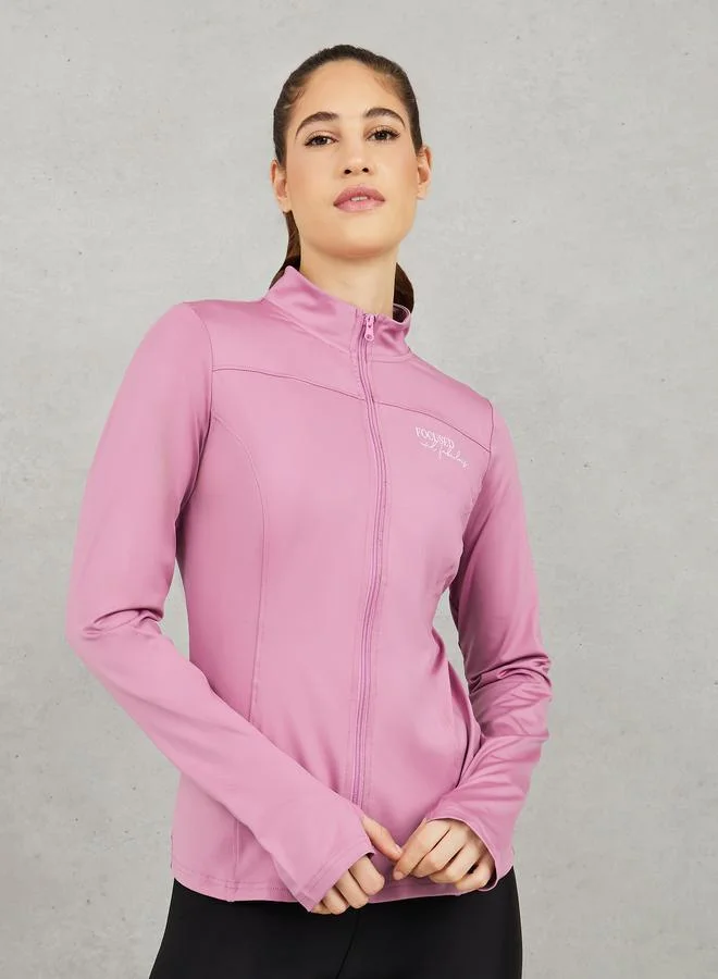 Styli Slogan Print Thumbhole Zip Closure Jacket