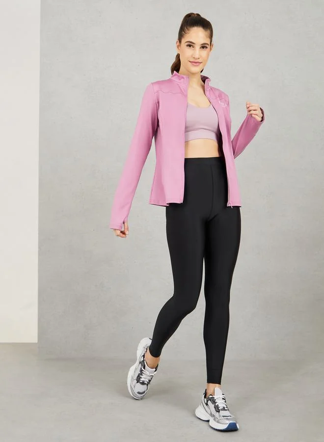 Styli Slogan Print Thumbhole Zip Closure Jacket