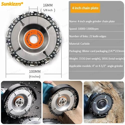 Sunkizzrs® 22-Teeth 100mm Wood Carving Chain Circular Saw Disc for 4'' Angle Grinder —Chainsaw Grinding Wheel Chain Blade Circular Saw —Depressed Centre Grinder Saw Disc for Woodworking - Image 2