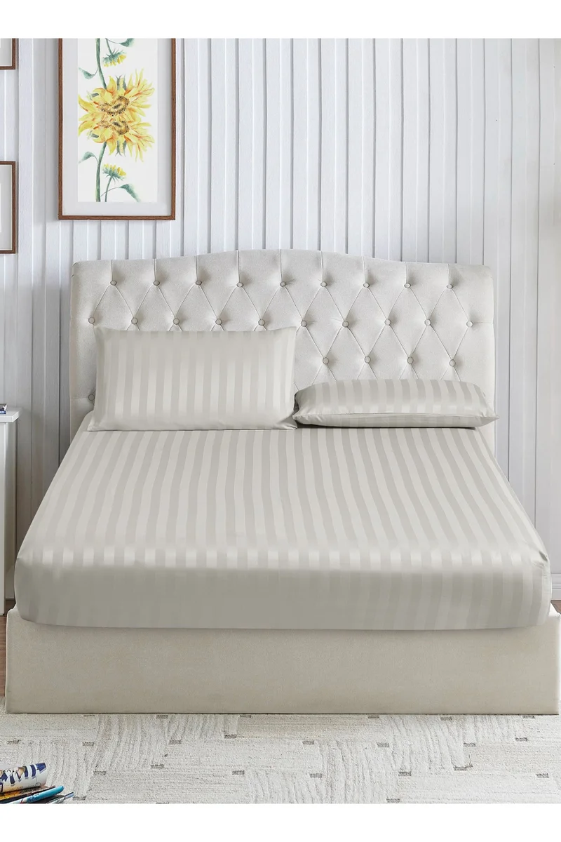 Donetella 3-Piece Striped Bedding Set – Queen Fitted Sheet 150x200+30 cm with All-Around Elastic &amp; 2 Matching Pillowcases