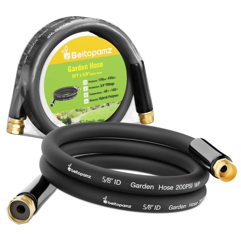 Beitopamz Short Garden Hose 5 ft x 5/8 in Male to Female Heavy Duty Small Water Hose Extender Connector, Lightweight Rubber Hybrid Leader Hose, Leak-Free Connections, 3/4'' Brass Fittings, Black - Image 1