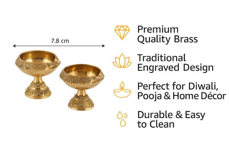 DreamKraft Brass Deepak with Stand - Set of 2 Gold Diya for Diwali Puja, Standard Size, Traditional Indian Design, Home Decor, Festive Lighting, Ideal Gift - Image 4