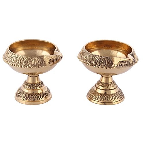 DreamKraft Brass Deepak with Stand - Set of 2 Gold Diya for Diwali Puja, Standard Size, Traditional Indian Design, Home Decor, Festive Lighting, Ideal Gift - Image 1