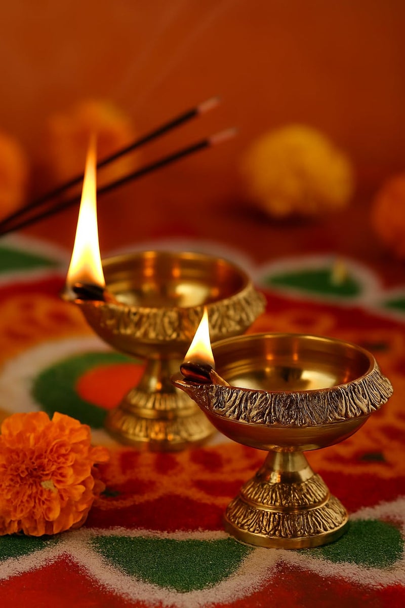 DreamKraft Brass Deepak with Stand - Set of 2 Gold Diya for Diwali Puja, Standard Size, Traditional Indian Design, Home Decor, Festive Lighting, Ideal Gift - Image 2