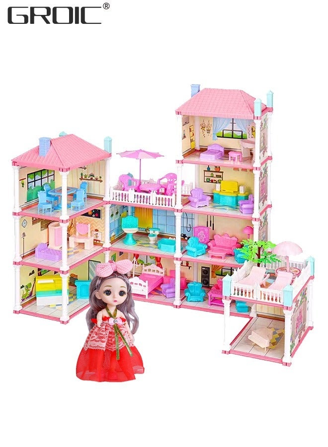GROIC Dollhouse Dreamhouse Building Toys Figure Furniture, DIY House, Accessories, Pets & Dolls,Flashing Lights,Pink Play Dream House for Girls - Image 1