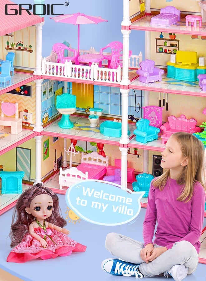 GROIC Dollhouse Dreamhouse Building Toys Figure Furniture, DIY House, Accessories, Pets & Dolls,Flashing Lights,Pink Play Dream House for Girls - Image 2