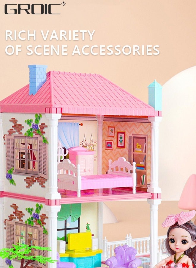 GROIC Dollhouse Dreamhouse Building Toys Figure Furniture, DIY House, Accessories, Pets & Dolls,Flashing Lights,Pink Play Dream House for Girls - Image 3