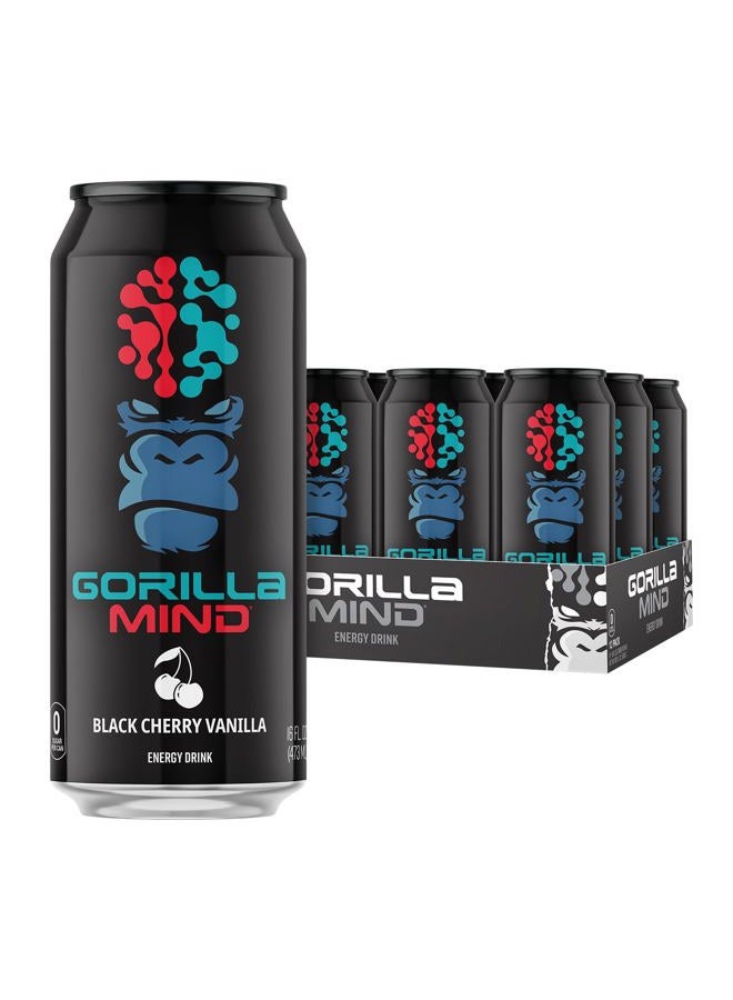 Gorilla Mind Energy Drink | Unmatched Energy · Amplified Focus | N-Acetyl-L-Tyrosine, Alpha-GPC, 200mg Caffeine, Uridine, Saffron | 0 Sugar Or Artificial Colors | 16oz, 12-Pack (Black Cherry Vanilla) - Image 1