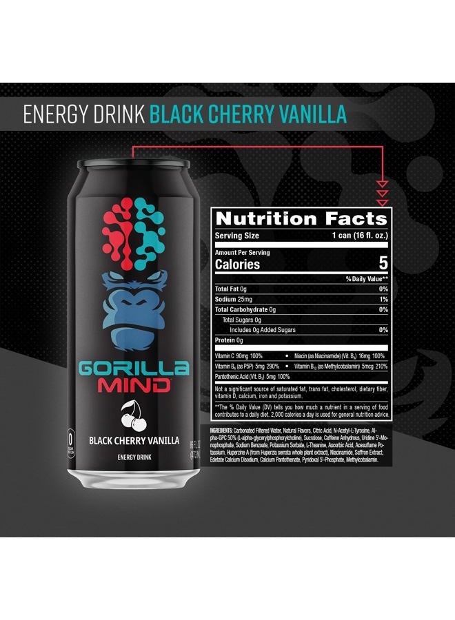 Gorilla Mind Energy Drink | Unmatched Energy · Amplified Focus | N-Acetyl-L-Tyrosine, Alpha-GPC, 200mg Caffeine, Uridine, Saffron | 0 Sugar Or Artificial Colors | 16oz, 12-Pack (Black Cherry Vanilla) - Image 2