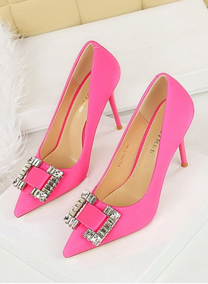 BIGTREE Women's Satin Closed Pointed Toe Stiletto Pump Rhinestone Square Buckle Decoration High Heels Rose Pink 10CM - Image 1