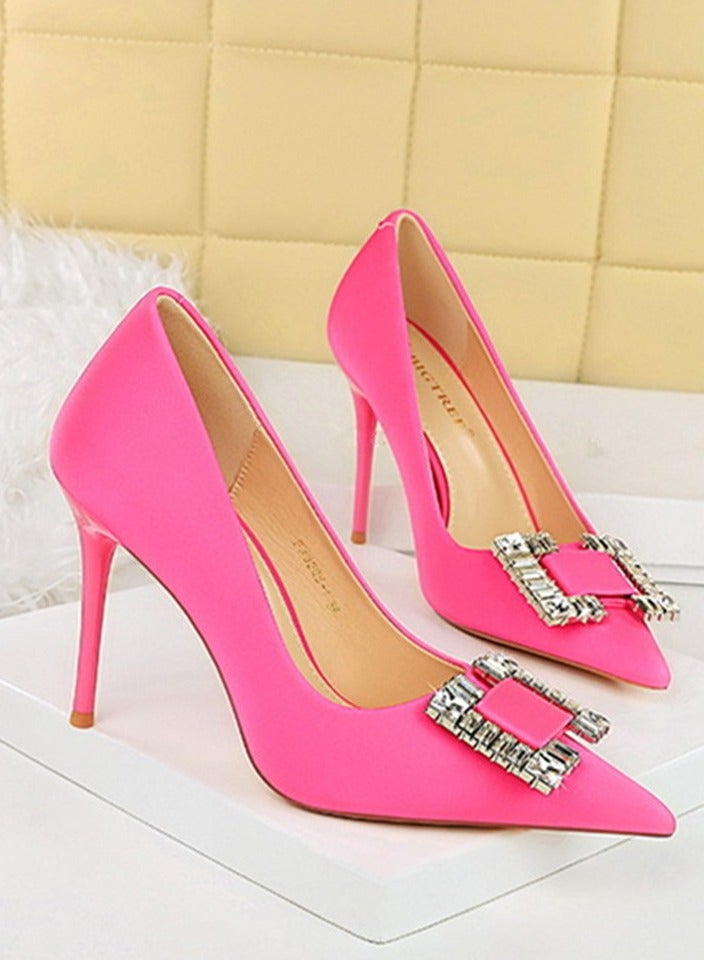 BIGTREE Women's Satin Closed Pointed Toe Stiletto Pump Rhinestone Square Buckle Decoration High Heels Rose Pink 10CM - Image 2