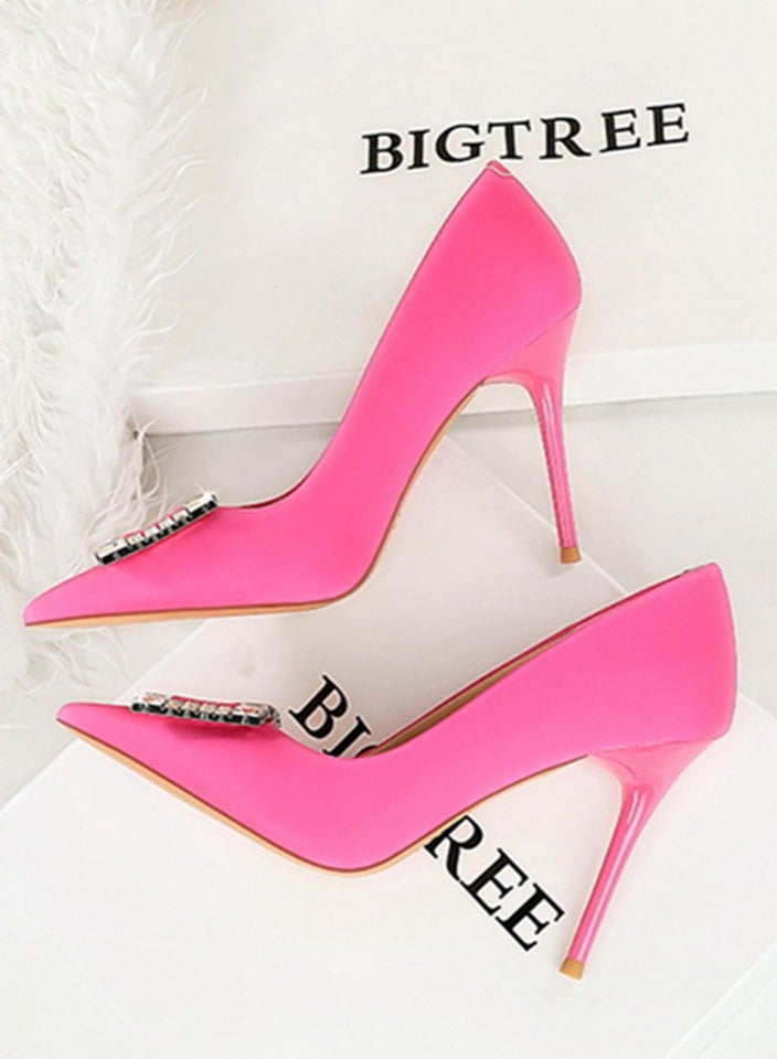 BIGTREE Women's Satin Closed Pointed Toe Stiletto Pump Rhinestone Square Buckle Decoration High Heels Rose Pink 10CM - Image 3