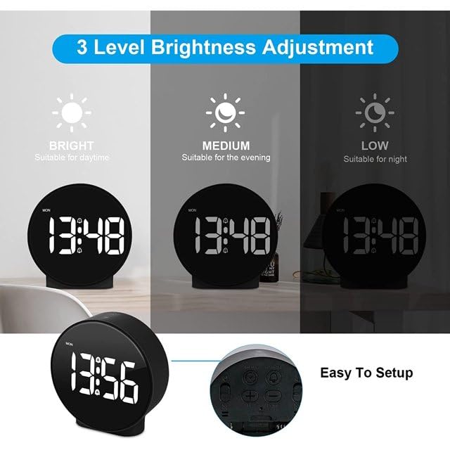 Jukmen LED Alarm Clock Newest Version Digital Round Clock with Voice and Touch Activated 2 Separate Alarm Snooze Week 4 Adjustable Brightness USBBattery Powered Desk Black - Image 4