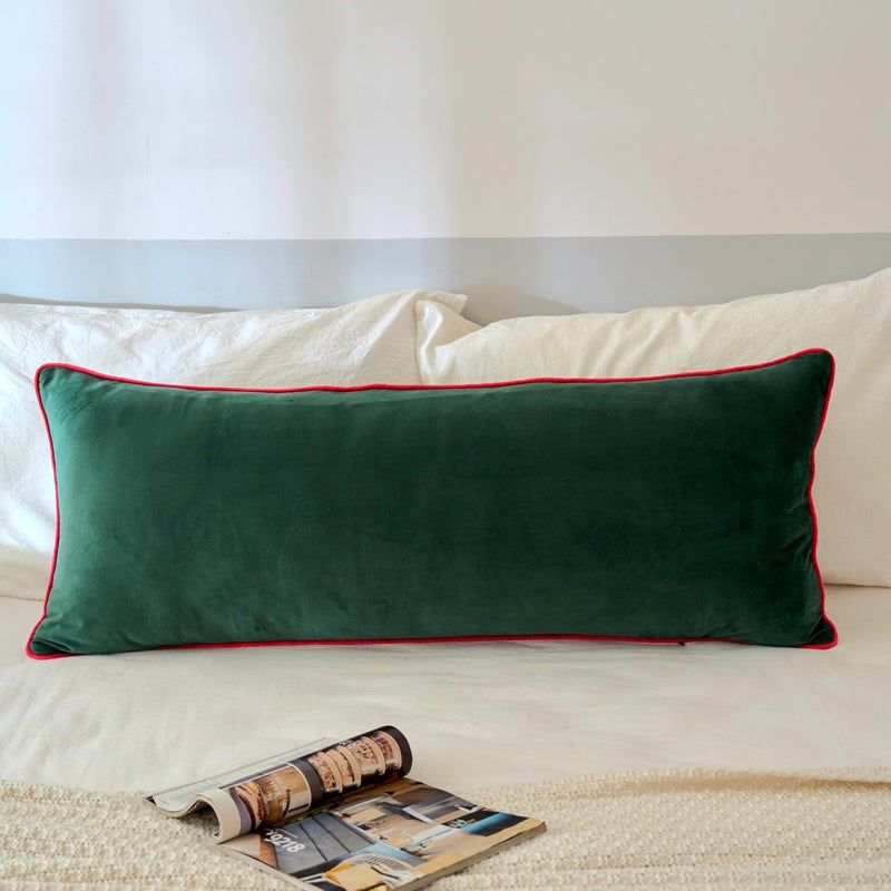 LIGICKY Christmas Long Lumbar Pillow Cover 14x36 inch Red Velvet Dark Green Rope Edging Throw Pillow Covers Decorative Rectangular Body Pillow Case Accent Textured Cushion Cover for Bed Couch - Image 2