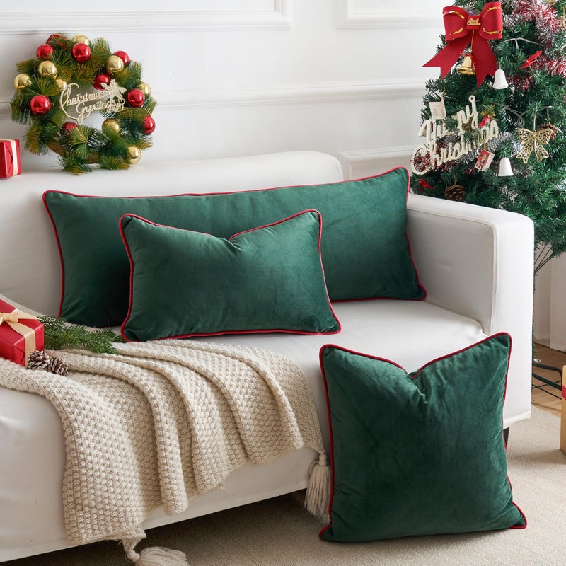 LIGICKY Christmas Long Lumbar Pillow Cover 14x36 inch Red Velvet Dark Green Rope Edging Throw Pillow Covers Decorative Rectangular Body Pillow Case Accent Textured Cushion Cover for Bed Couch - Image 3