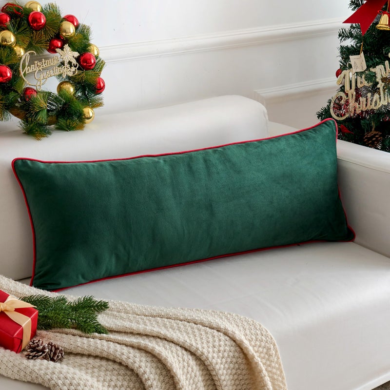 LIGICKY Christmas Long Lumbar Pillow Cover 14x36 inch Red Velvet Dark Green Rope Edging Throw Pillow Covers Decorative Rectangular Body Pillow Case Accent Textured Cushion Cover for Bed Couch - Image 1