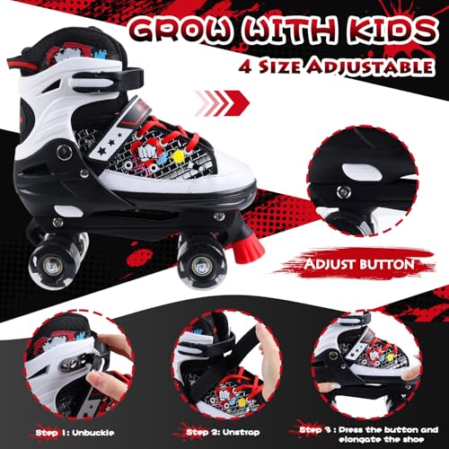 TeimuLeiSi Kids Roller Skates, 4 Size Adjustable Quad Skates with All Light Up Wheels, 10C to 8 Rollerskates for Toddlers, Beginners, Boys, Girls, Outdoor, Indoor, Black, Large - Image 3