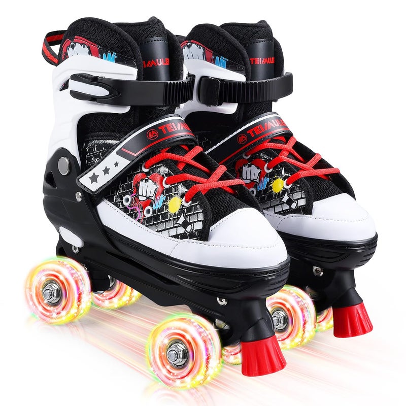TeimuLeiSi Kids Roller Skates, 4 Size Adjustable Quad Skates with All Light Up Wheels, 10C to 8 Rollerskates for Toddlers, Beginners, Boys, Girls, Outdoor, Indoor, Black, Large - Image 2