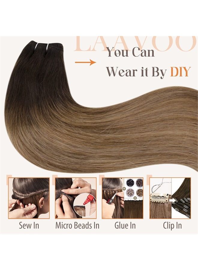 LaaVoo Brown Hair Extensions Real Human Hair Weft Ombre Ash Brown Hair Extensions Sew in Remy Human Hair Hand Tied Hair Extensions 16 Inch 100 Grams - Image 4