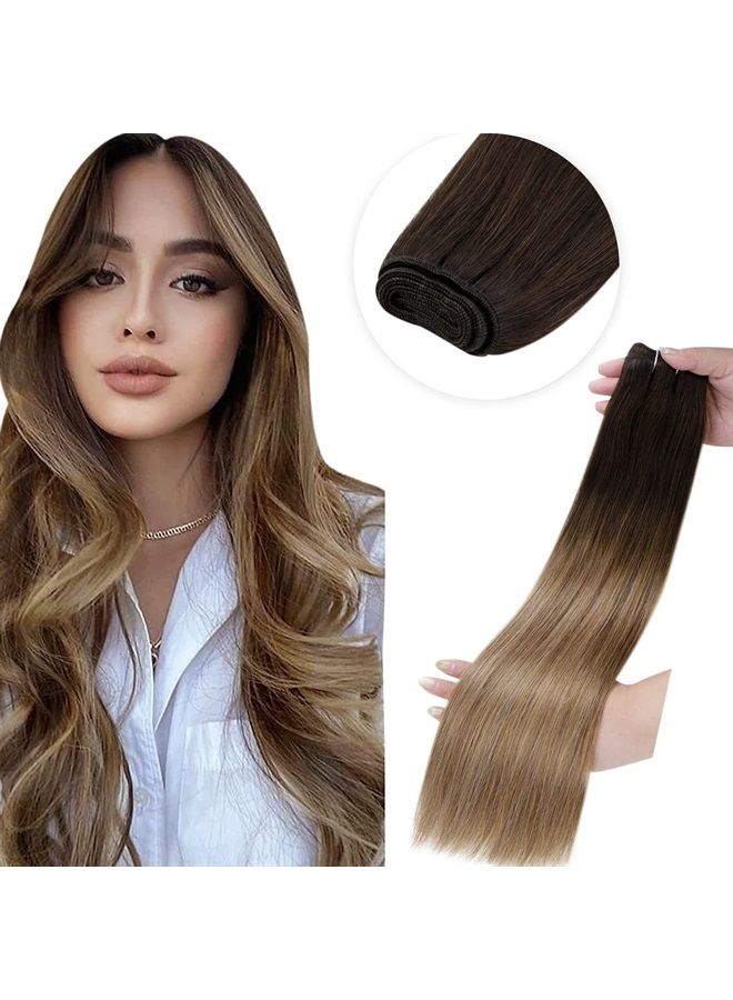 LaaVoo Brown Hair Extensions Real Human Hair Weft Ombre Ash Brown Hair Extensions Sew in Remy Human Hair Hand Tied Hair Extensions 16 Inch 100 Grams - Image 1
