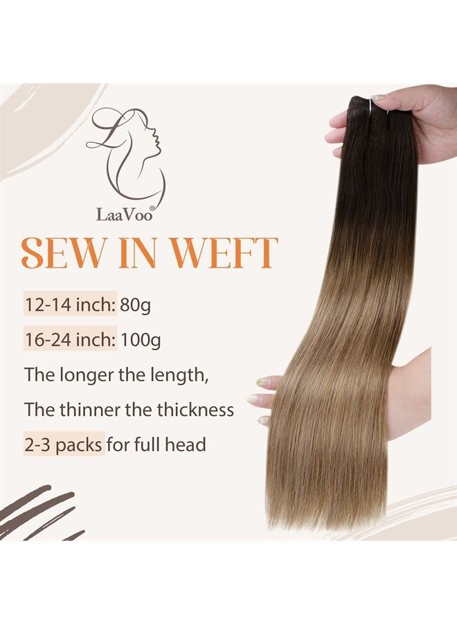 LaaVoo Brown Hair Extensions Real Human Hair Weft Ombre Ash Brown Hair Extensions Sew in Remy Human Hair Hand Tied Hair Extensions 16 Inch 100 Grams - Image 2
