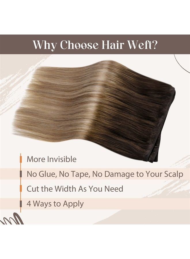 LaaVoo Brown Hair Extensions Real Human Hair Weft Ombre Ash Brown Hair Extensions Sew in Remy Human Hair Hand Tied Hair Extensions 16 Inch 100 Grams - Image 5