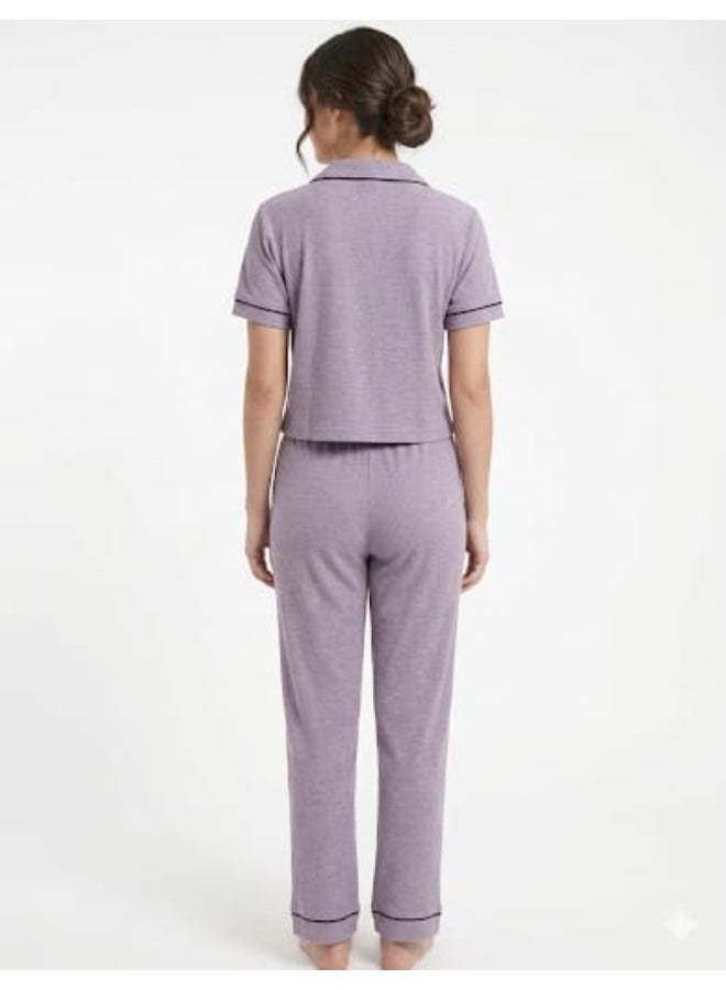 ZECOTEX Premium Ribbed Cotton Pajama Set - Short Sleeve Crop Button-Down Shirt & Elastic High-Waist Loose Pants - 2-Piece Summer Loungewear XS to L - Image 4