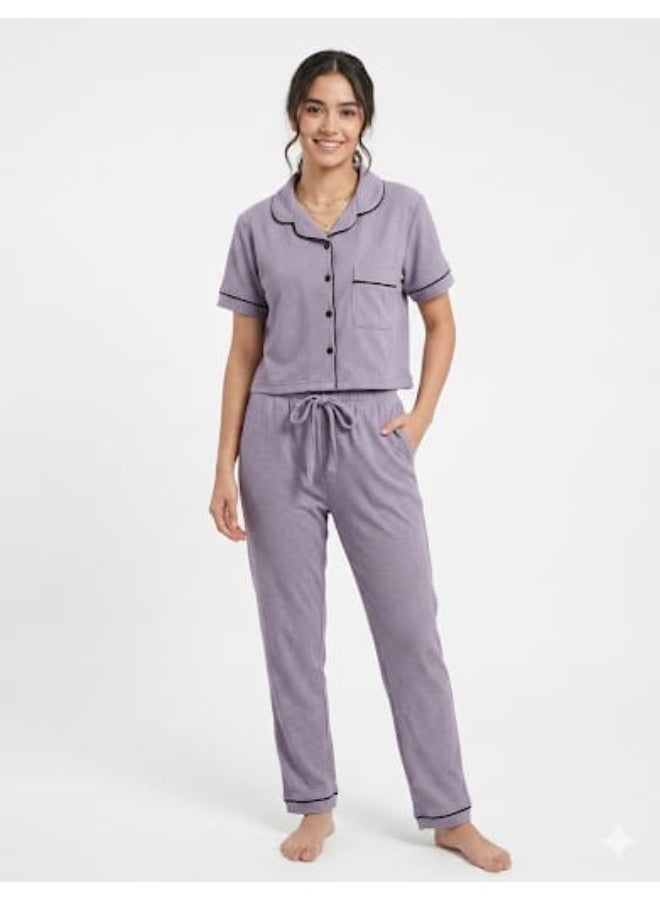 ZECOTEX Premium Ribbed Cotton Pajama Set - Short Sleeve Crop Button-Down Shirt & Elastic High-Waist Loose Pants - 2-Piece Summer Loungewear XS to L - Image 1