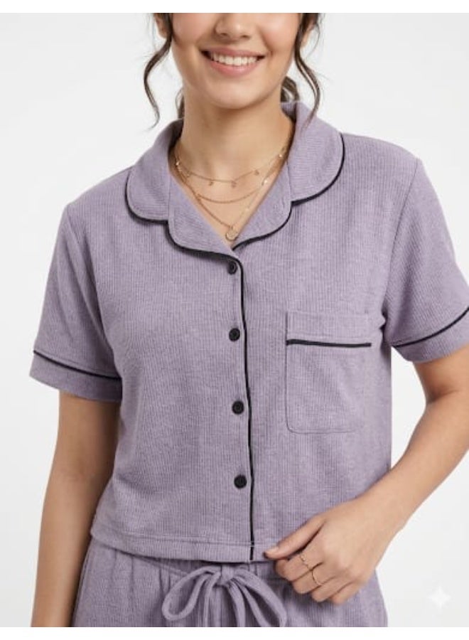 ZECOTEX Premium Ribbed Cotton Pajama Set - Short Sleeve Crop Button-Down Shirt & Elastic High-Waist Loose Pants - 2-Piece Summer Loungewear XS to L - Image 2