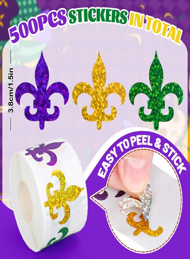 وولاين ملصقات ماردي غرا من والين، ملصقات ليزرية على شكل زهرة الزنبق، بنفسجي، أصفر، أخضر، مقاومة للماء، ذاتية اللصق، لتزيين الأظرف والمذكرات ولوازم حفلات الكرنفال، 500 قطعة - Image 2