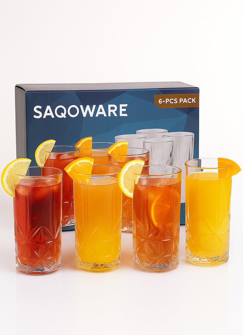SAQOWARE Saqoware 6 Pcs Premium Crystal Clear Highball Tumbler Glasses Set – Elegant Juice & Beverage Glassware for Cocktails, Water, Mocktails – Durable 350 ml Classic Design Glasses for Home, Kitchen & Party Use - Image 1