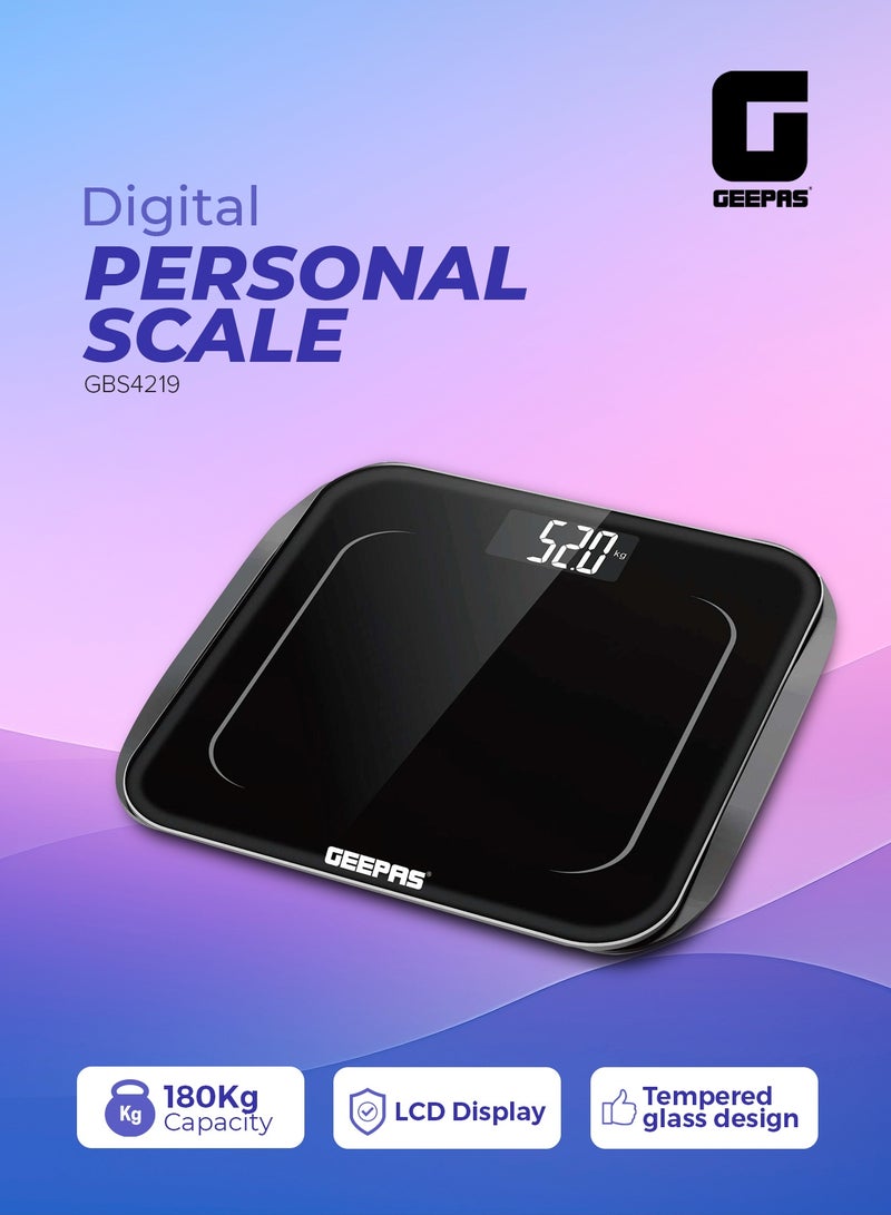 GEEPAS ميزان شخصي رقمي، منصة من الزجاج المقوى، GBS4219، مؤشر للطاقة المنخفضة والحمل الزائد، شاشة LCD، تشغيل/إيقاف تلقائي، سعة 180 كجم - Image 1
