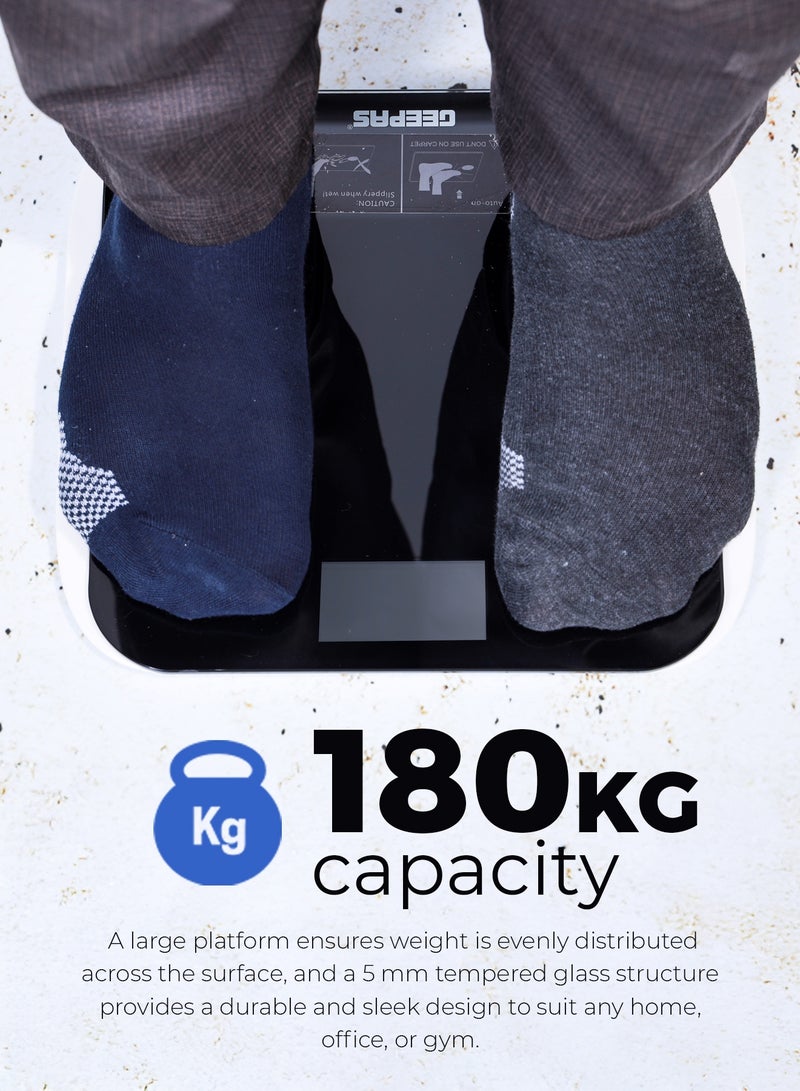 GEEPAS ميزان شخصي رقمي، منصة من الزجاج المقوى، GBS4219، مؤشر للطاقة المنخفضة والحمل الزائد، شاشة LCD، تشغيل/إيقاف تلقائي، سعة 180 كجم - Image 2