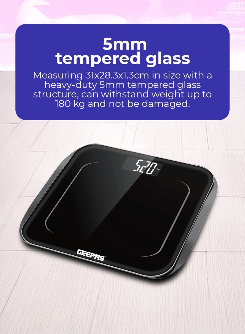 GEEPAS ميزان شخصي رقمي، منصة من الزجاج المقوى، GBS4219، مؤشر للطاقة المنخفضة والحمل الزائد، شاشة LCD، تشغيل/إيقاف تلقائي، سعة 180 كجم - Image 5