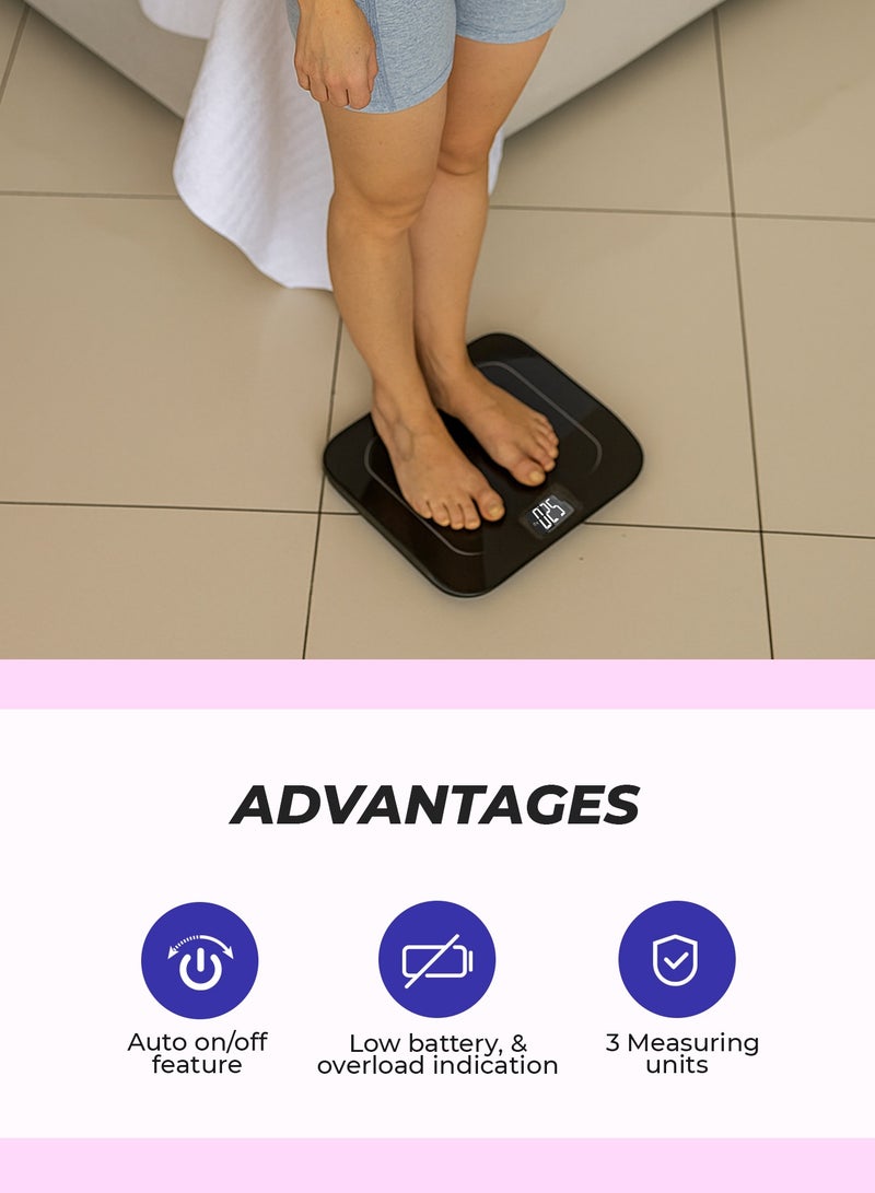 GEEPAS ميزان شخصي رقمي، منصة من الزجاج المقوى، GBS4219، مؤشر للطاقة المنخفضة والحمل الزائد، شاشة LCD، تشغيل/إيقاف تلقائي، سعة 180 كجم - Image 4