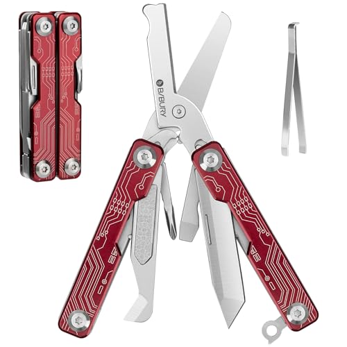 BIBURY Mini Keychain Multitool Scissors BI2061R, 9 in 1 Multitool EDC Scissors with Screwdriver, Bottle Opener, Pocket Knife, Spring -Mini Multi Tool for Outdoor, Daily Use, Gifts for Men and Women - Image 1