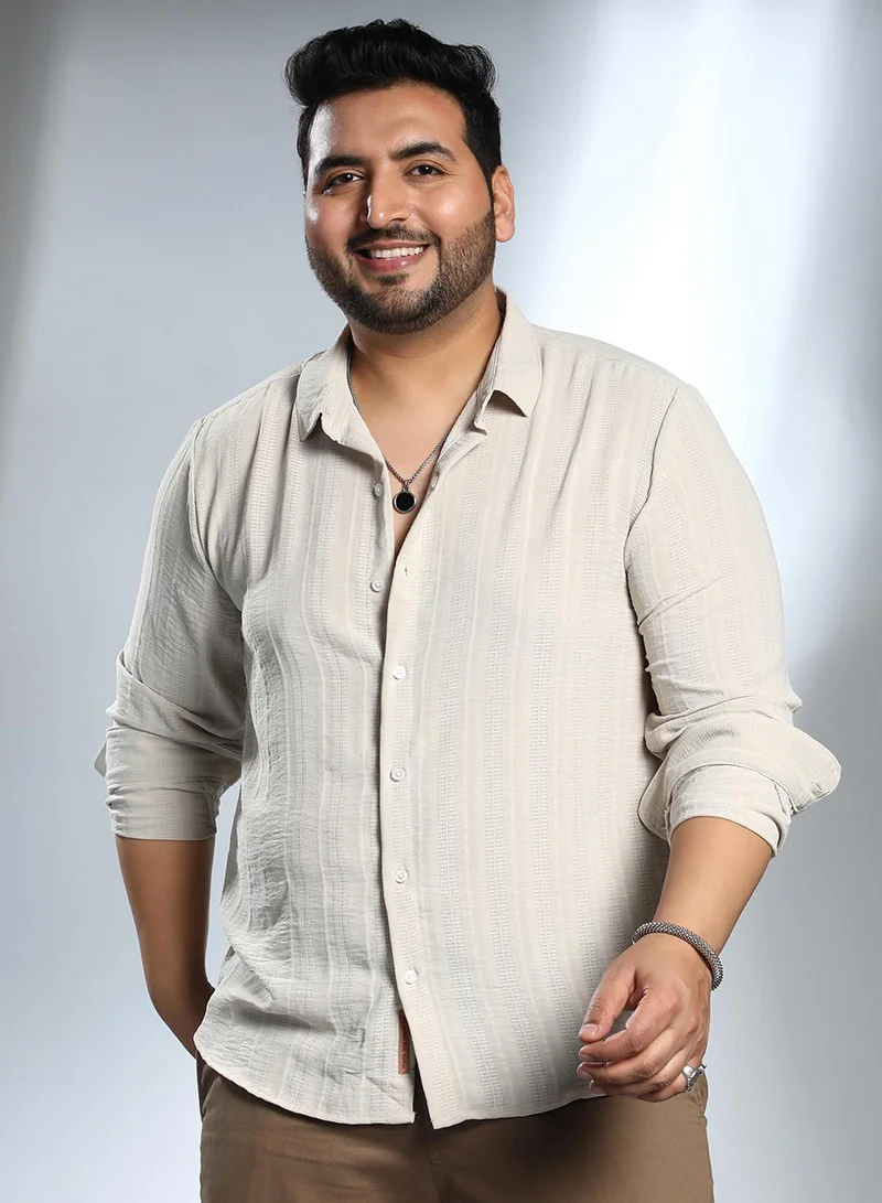 Instafab Plus Instafab Plus Men's Saltbox Beige Blended-Stripe Shirt For Casual Wear | Spread Collar | Long Cuffed Sleeves | Button Closure | Plus Size Shirt Crafted With Comfort Fit For Everyday Wear
