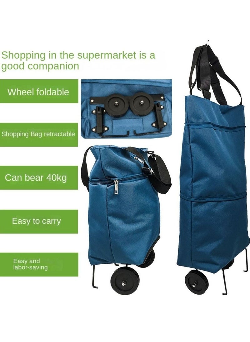 HILUKE Collapsible Reusable Foldable Trolley Grocery Shopping Tote Bag-Blue  - Image 2